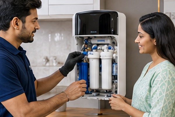 Dynamic Services technician servicing a water purifier in an Indian home